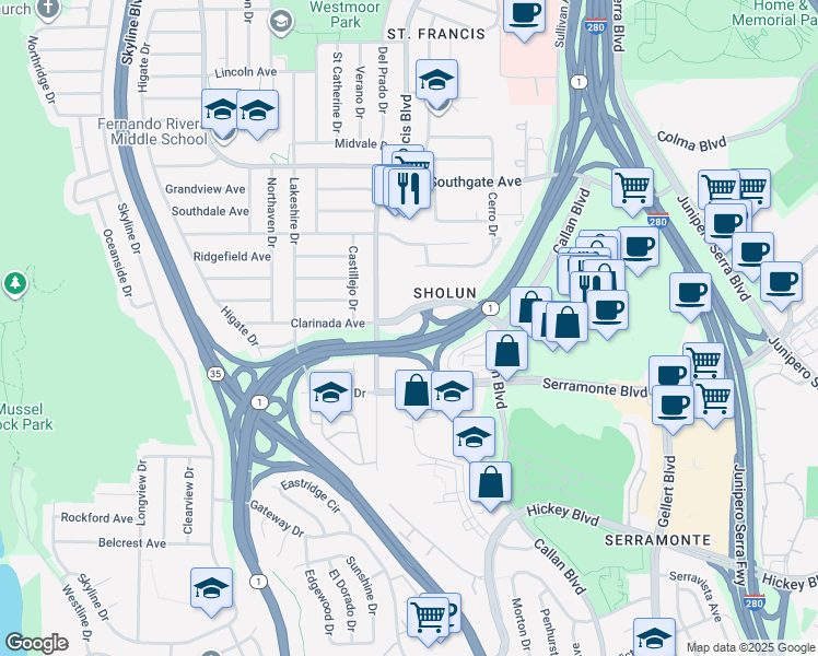 map of restaurants, bars, coffee shops, grocery stores, and more near 595 Clarinada Avenue in Daly City