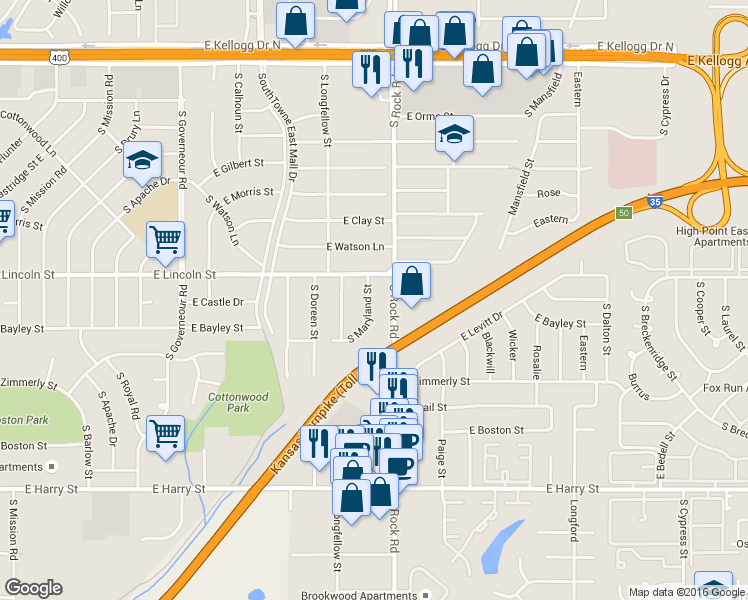 map of restaurants, bars, coffee shops, grocery stores, and more near 951 South Rock Road in Wichita