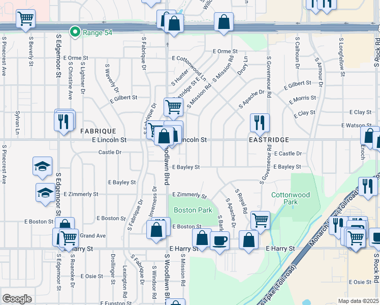 map of restaurants, bars, coffee shops, grocery stores, and more near 930 South Mission Road in Wichita