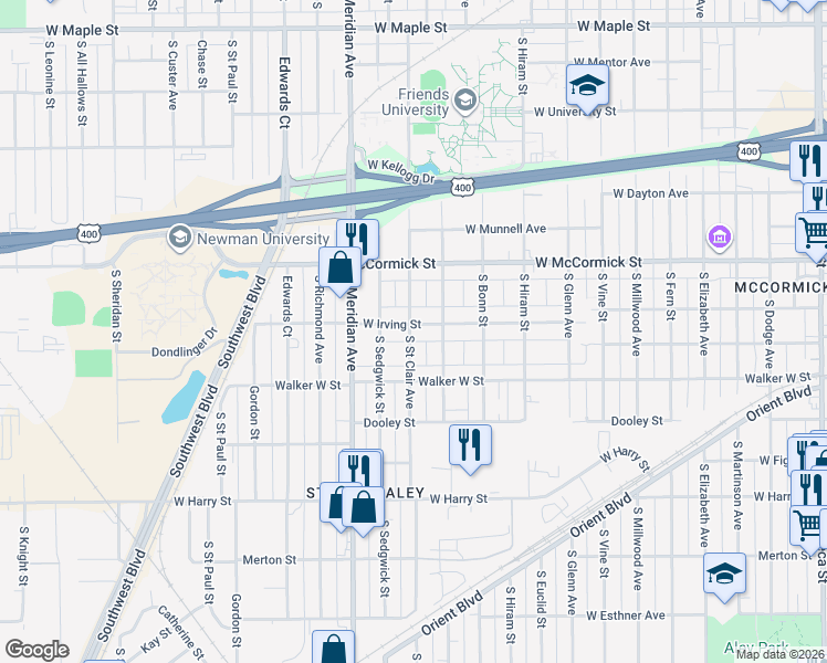 map of restaurants, bars, coffee shops, grocery stores, and more near 2211 West Irving Street in Wichita