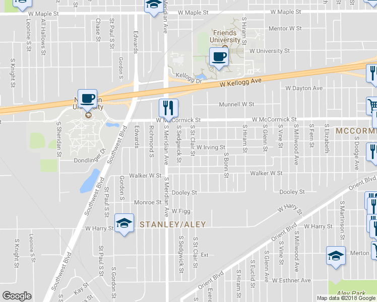 map of restaurants, bars, coffee shops, grocery stores, and more near 2319 West Irving Street in Wichita
