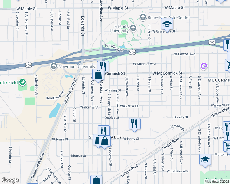 map of restaurants, bars, coffee shops, grocery stores, and more near 2319 West Irving Street in Wichita