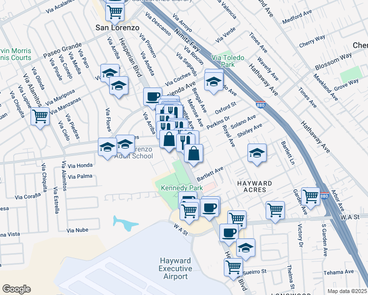 map of restaurants, bars, coffee shops, grocery stores, and more near 18600 Hesperian Boulevard in Hayward