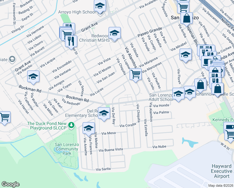 map of restaurants, bars, coffee shops, grocery stores, and more near 17117 Via Del Rey in San Lorenzo