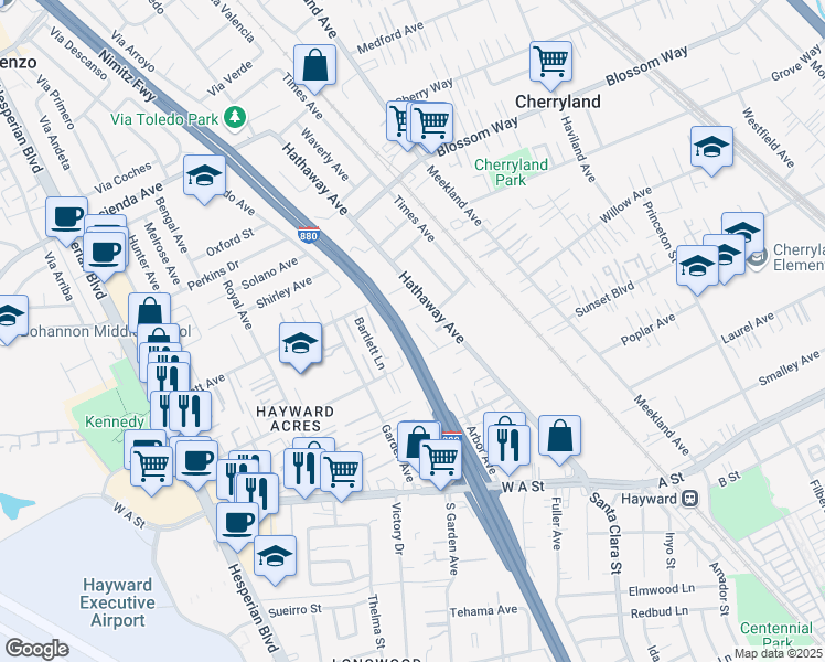 map of restaurants, bars, coffee shops, grocery stores, and more near 295 Flint Court in Hayward