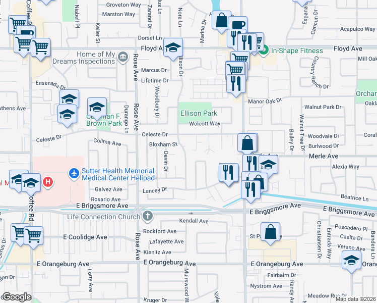 map of restaurants, bars, coffee shops, grocery stores, and more near 1901 Ellison Drive in Modesto