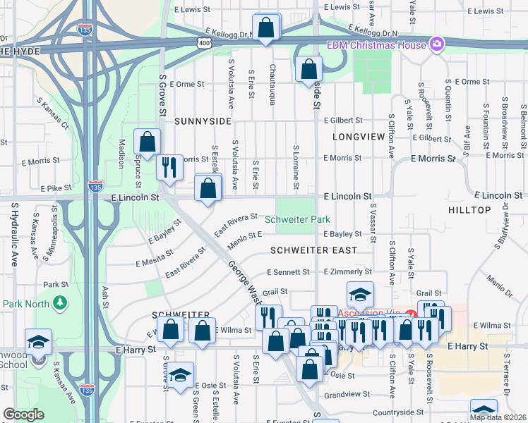 map of restaurants, bars, coffee shops, grocery stores, and more near 2910 East Rivera Street in Wichita
