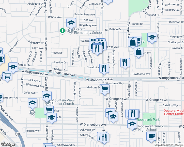 map of restaurants, bars, coffee shops, grocery stores, and more near 1822 Waring Way in Modesto