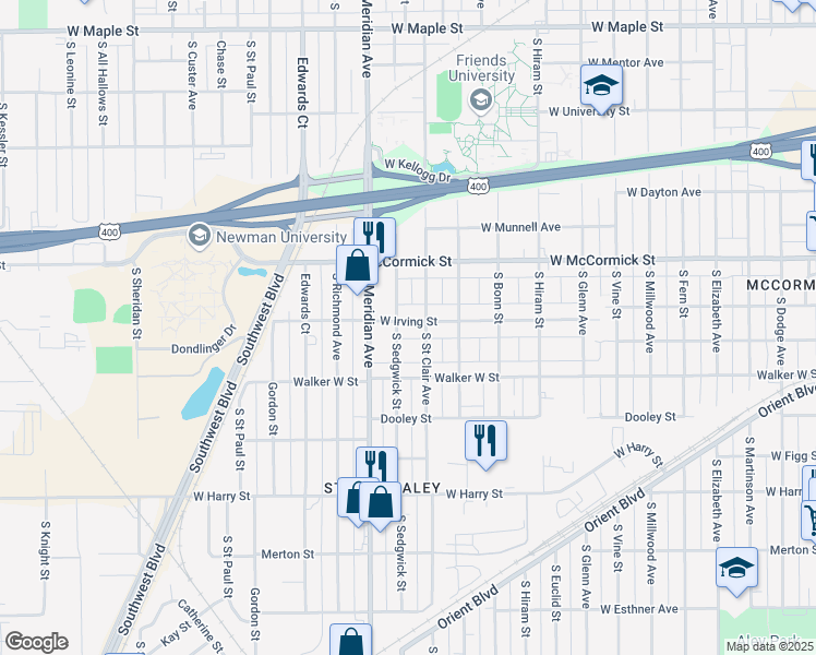 map of restaurants, bars, coffee shops, grocery stores, and more near 2319 West Irving Street in Wichita