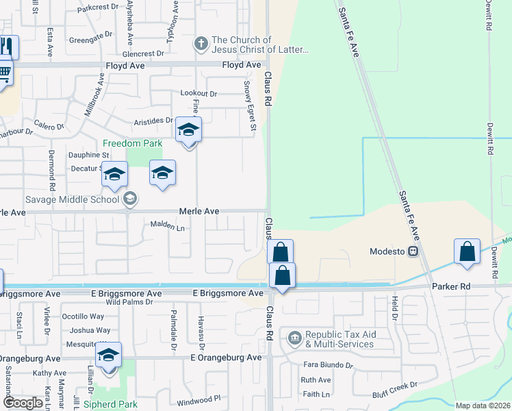 map of restaurants, bars, coffee shops, grocery stores, and more near 3949 Merle Avenue in Modesto