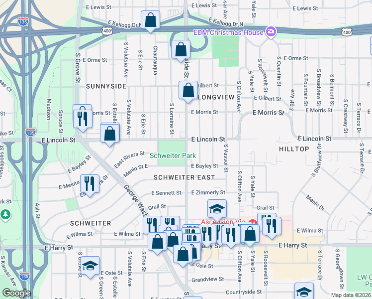 map of restaurants, bars, coffee shops, grocery stores, and more near 939 South Hillside Street in Wichita