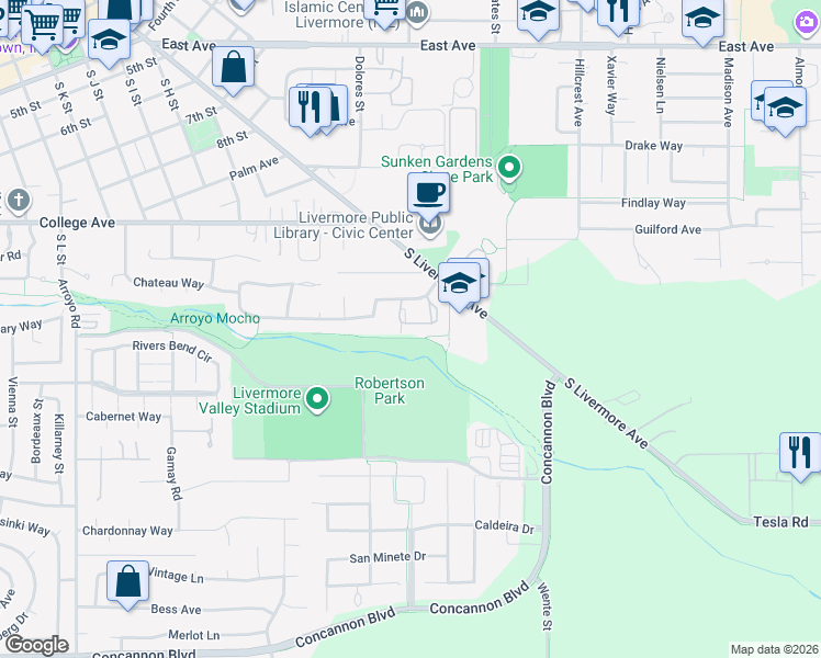 map of restaurants, bars, coffee shops, grocery stores, and more near 1375 Chateau Common in Livermore