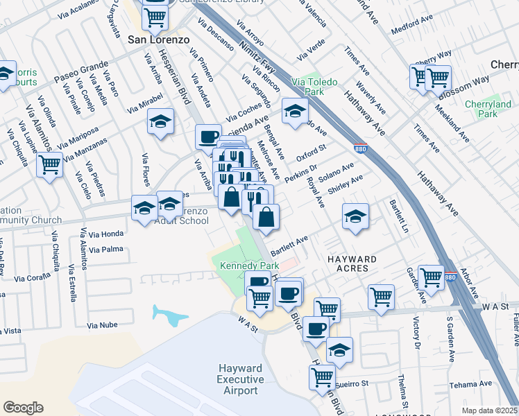 map of restaurants, bars, coffee shops, grocery stores, and more near 18668 Galton Lane in Hayward