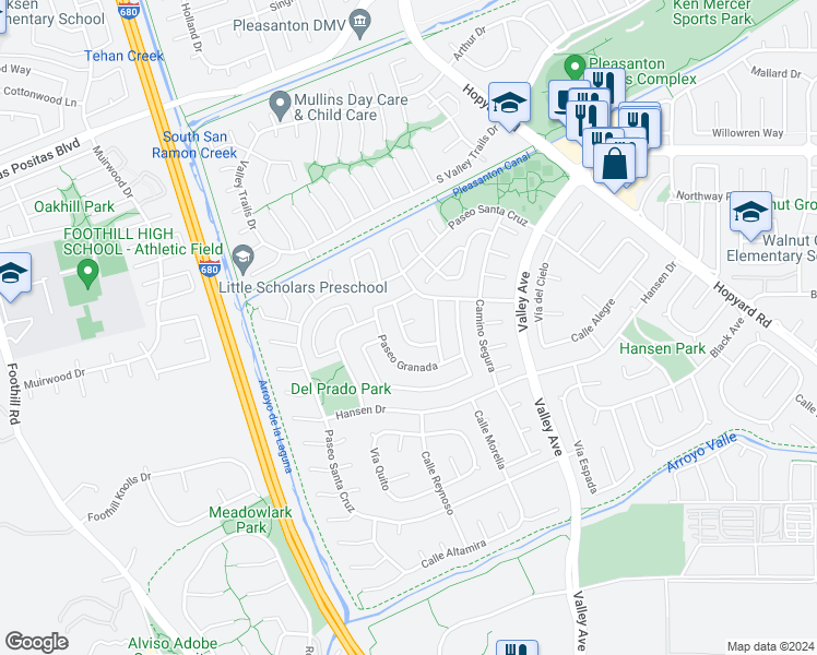 map of restaurants, bars, coffee shops, grocery stores, and more near 6463 Calle Esperanza in Pleasanton