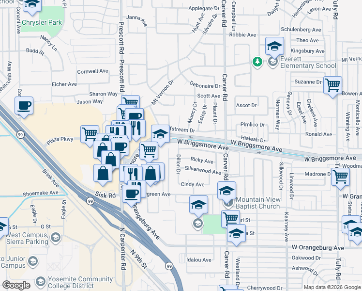 map of restaurants, bars, coffee shops, grocery stores, and more near 1732 Dillon Drive in Modesto