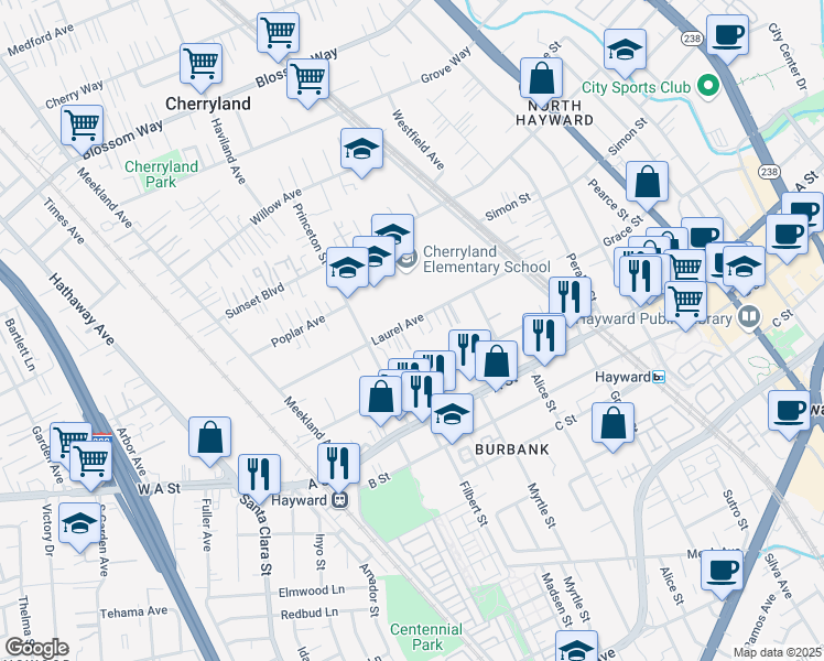 map of restaurants, bars, coffee shops, grocery stores, and more near 353 Laurel Avenue in Hayward