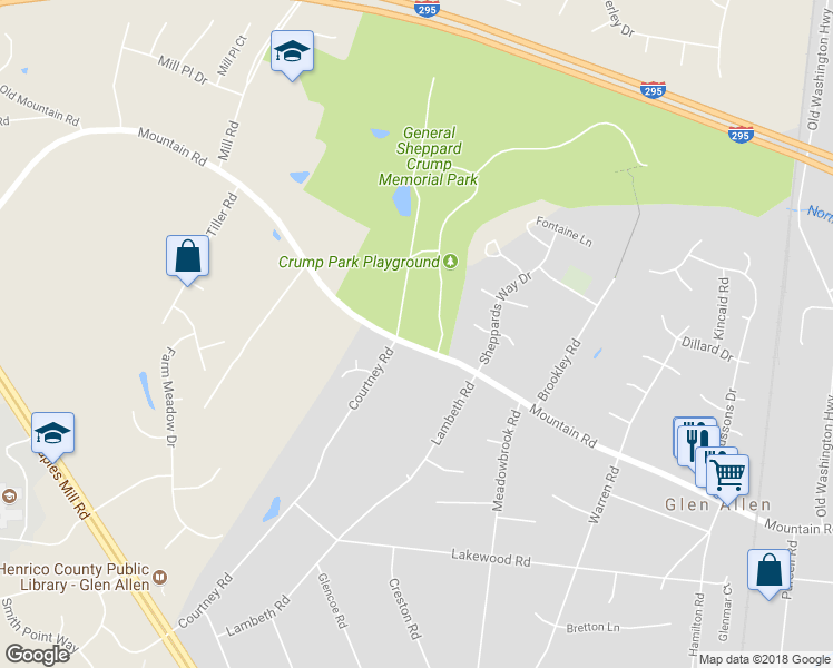 map of restaurants, bars, coffee shops, grocery stores, and more near 3400 Mountain Road in Glen Allen