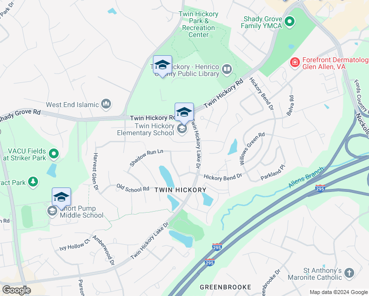 map of restaurants, bars, coffee shops, grocery stores, and more near 11612 Shadow Run Lane in Glen Allen