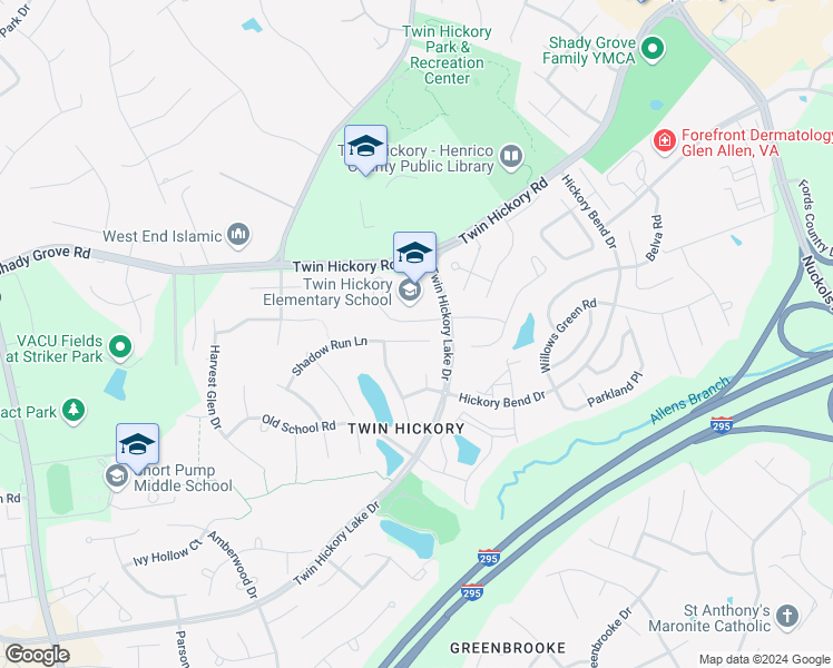 map of restaurants, bars, coffee shops, grocery stores, and more near 11612 Shadow Run Lane in Glen Allen