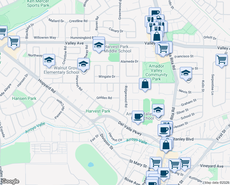 map of restaurants, bars, coffee shops, grocery stores, and more near 1554 Ramblewood Way in Pleasanton