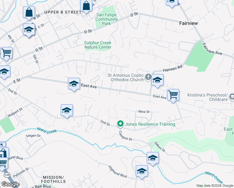 map of restaurants, bars, coffee shops, grocery stores, and more near 2035 East Avenue in Hayward