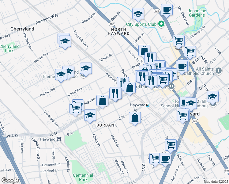 map of restaurants, bars, coffee shops, grocery stores, and more near 558 A Street in Hayward