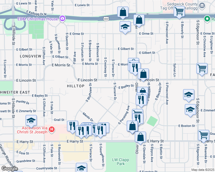 map of restaurants, bars, coffee shops, grocery stores, and more near 4331 East Bayley Street in Wichita