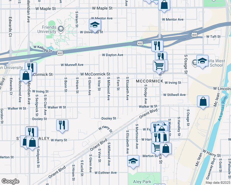 map of restaurants, bars, coffee shops, grocery stores, and more near 1127 South Fern Street in Wichita
