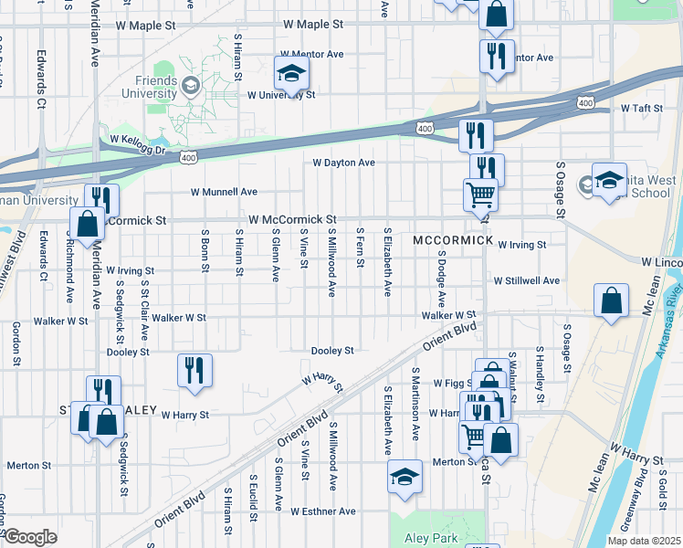 map of restaurants, bars, coffee shops, grocery stores, and more near 1127 South Fern Street in Wichita