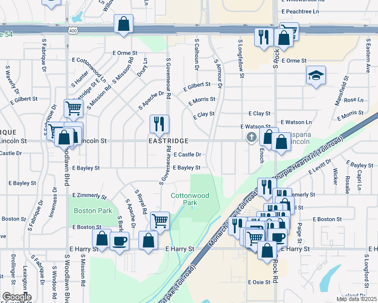 map of restaurants, bars, coffee shops, grocery stores, and more near 7214 East Castle Drive in Wichita
