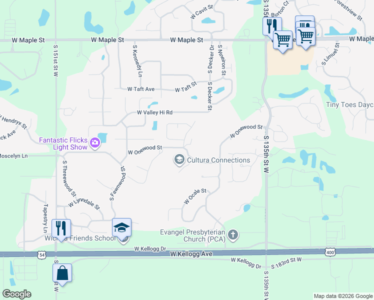 map of restaurants, bars, coffee shops, grocery stores, and more near West Onewood Street in Wichita