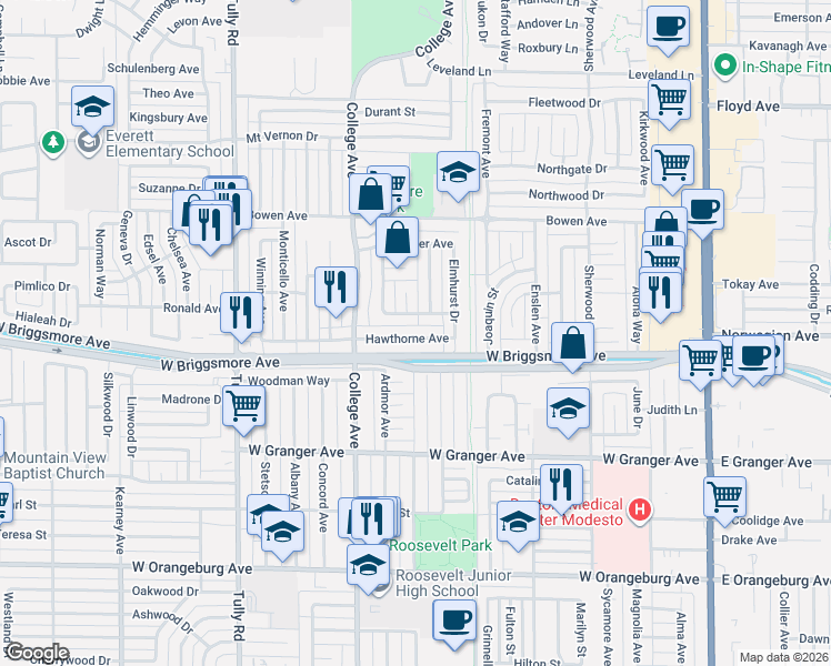 map of restaurants, bars, coffee shops, grocery stores, and more near 921 Hawthorne Avenue in Modesto
