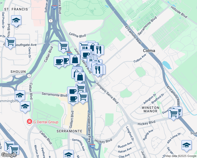 map of restaurants, bars, coffee shops, grocery stores, and more near 990 Serramonte Boulevard in Colma