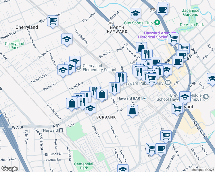 map of restaurants, bars, coffee shops, grocery stores, and more near Smalley Avenue in Hayward