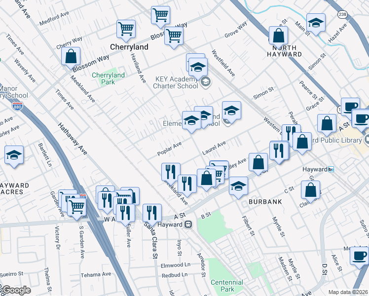 map of restaurants, bars, coffee shops, grocery stores, and more near 257 Poplar Avenue in Hayward