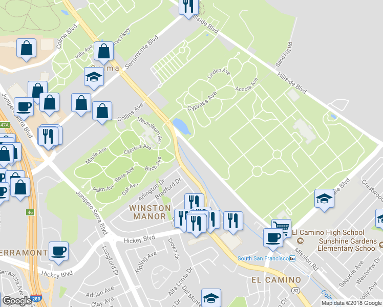 map of restaurants, bars, coffee shops, grocery stores, and more near 1715 Mission Rd in South San Francisco