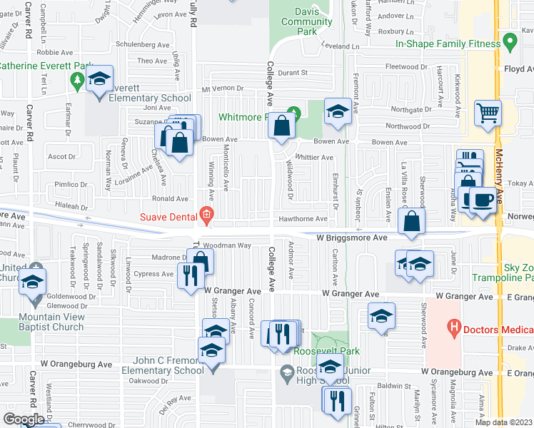 map of restaurants, bars, coffee shops, grocery stores, and more near 1101 Hawthorne Avenue in Modesto