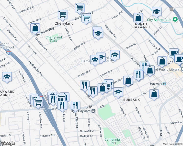 map of restaurants, bars, coffee shops, grocery stores, and more near 257 Poplar Avenue in Hayward