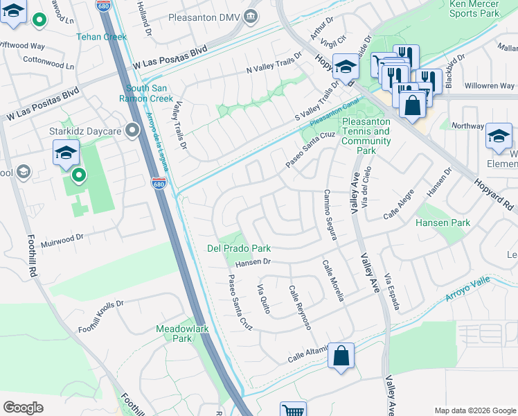 map of restaurants, bars, coffee shops, grocery stores, and more near 3152 Paseo Granada in Pleasanton