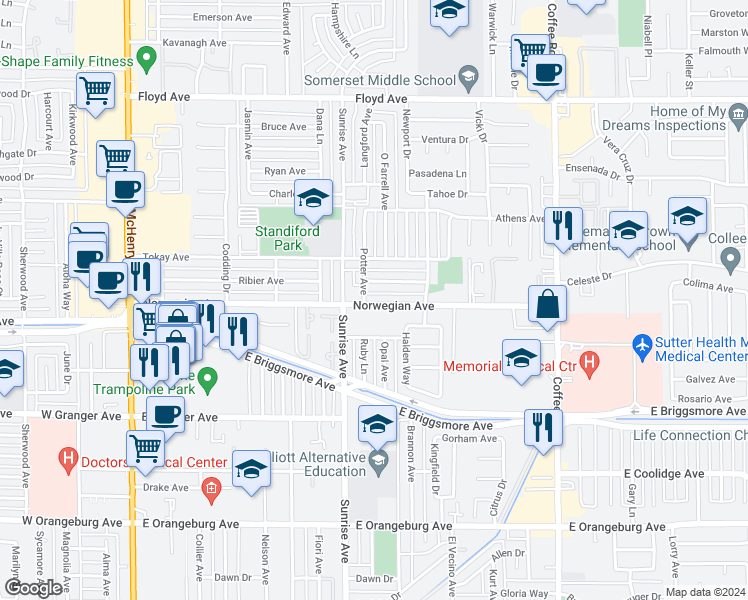 map of restaurants, bars, coffee shops, grocery stores, and more near 805 Norwegian Avenue in Modesto