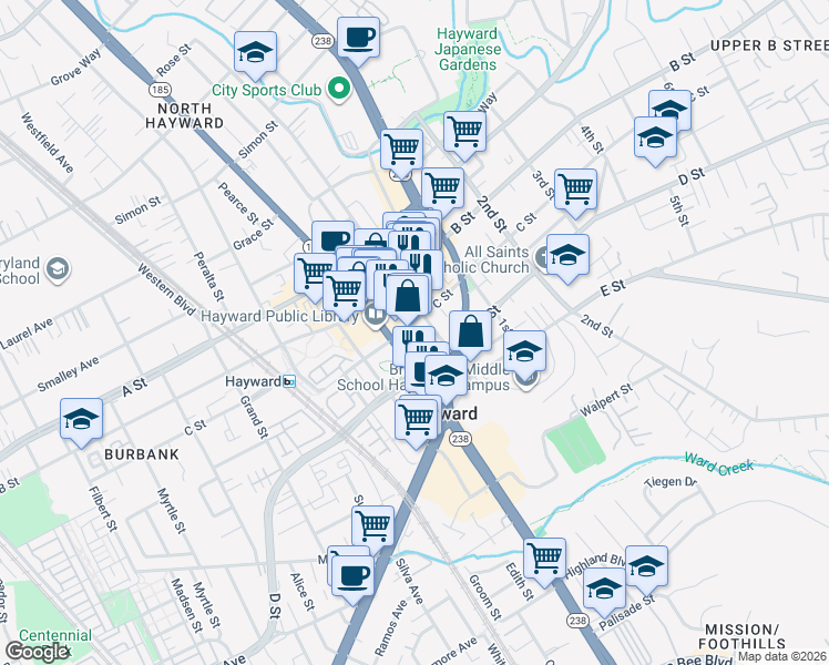 map of restaurants, bars, coffee shops, grocery stores, and more near 951 C Street in Hayward