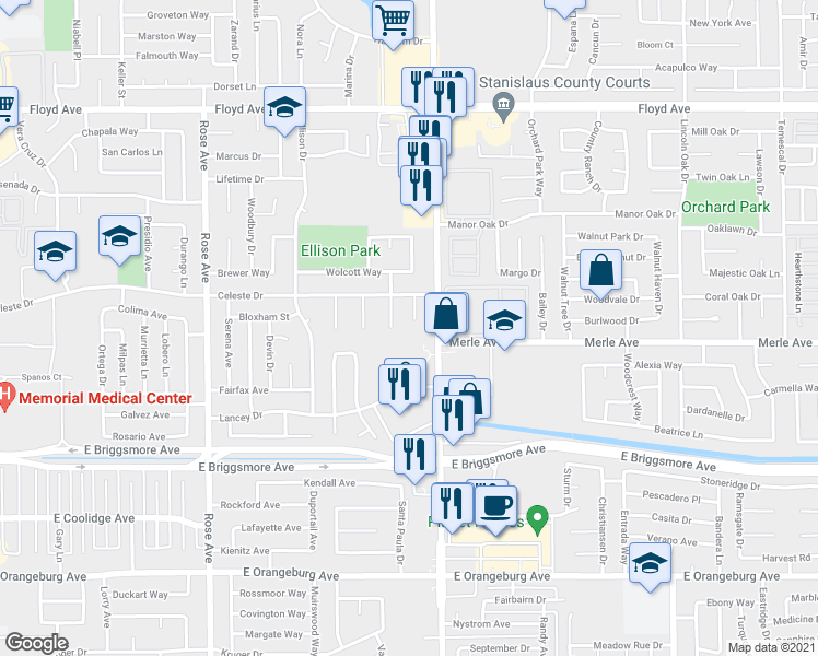 map of restaurants, bars, coffee shops, grocery stores, and more near 1901 Tradewinds Court in Modesto