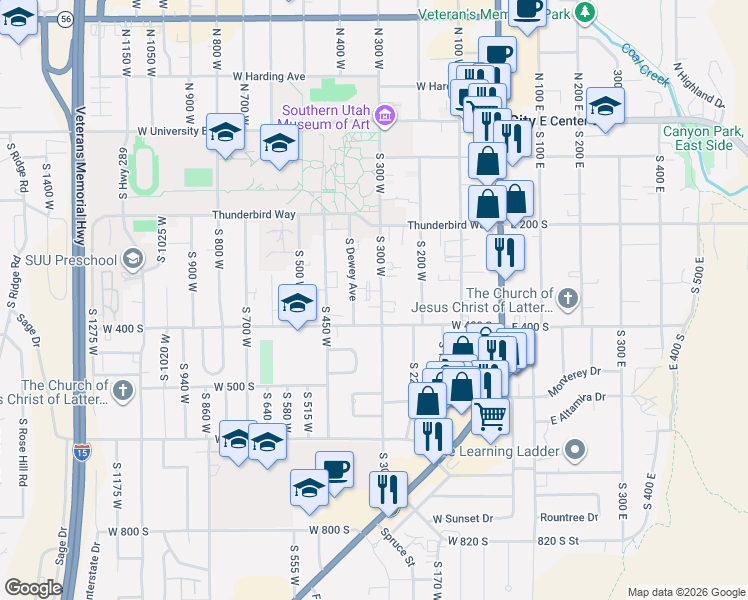 map of restaurants, bars, coffee shops, grocery stores, and more near 376 South 300 West in Cedar City