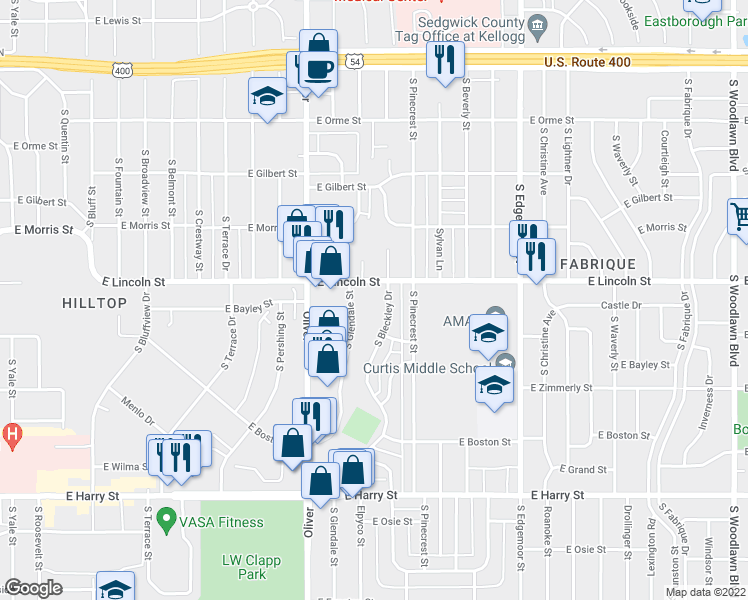 map of restaurants, bars, coffee shops, grocery stores, and more near 5051 East Lincoln Street in Wichita
