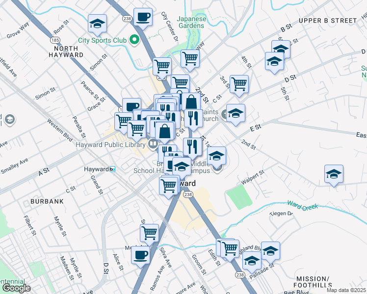 map of restaurants, bars, coffee shops, grocery stores, and more near 22803 Foothill Boulevard in Hayward