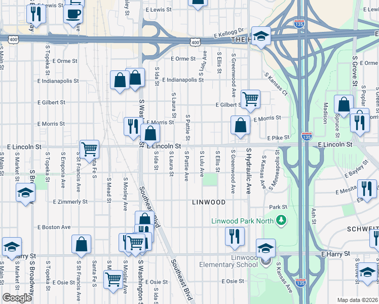 map of restaurants, bars, coffee shops, grocery stores, and more near 1221 South Lulu Street in Wichita