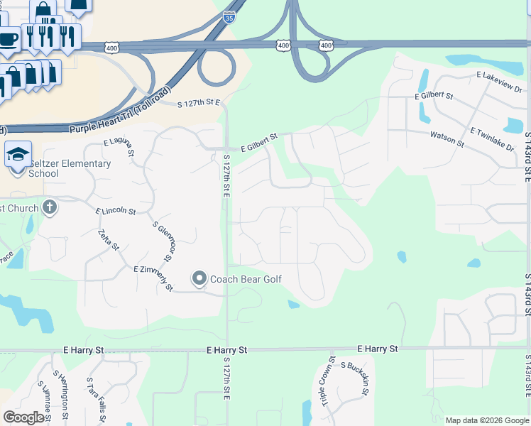 map of restaurants, bars, coffee shops, grocery stores, and more near 13006-13050 South Rocky Creek Road in Wichita