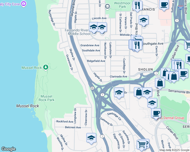 map of restaurants, bars, coffee shops, grocery stores, and more near 836 Higate Drive in Daly City