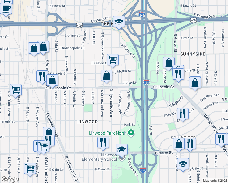 map of restaurants, bars, coffee shops, grocery stores, and more near 1212 South Hydraulic Avenue in Wichita