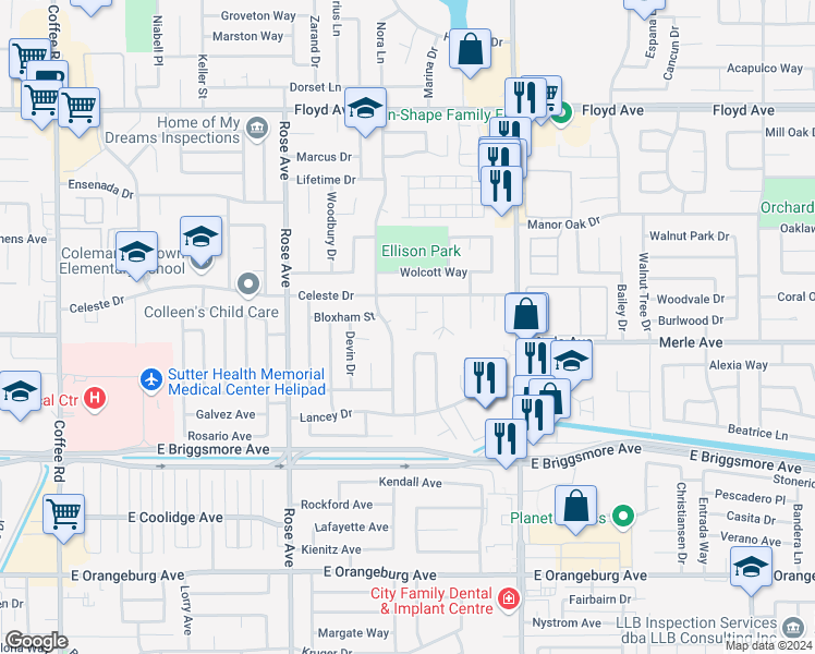 map of restaurants, bars, coffee shops, grocery stores, and more near 1906 Celeste Court in Modesto